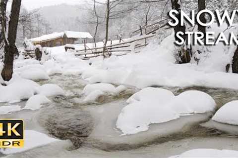 4K HDR Snowy Stream - Winter Forest Scenery & Brook Sounds - Snowfall & Flowing Water -..