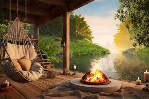Sunrise Ambience | Cozy Mountain Cabin by the Lake Ambience with Campfire, Lake Waves