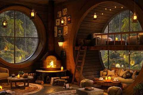 Cozy Hobbit Coffee Shop 🍀 Rainy Day at Dreamy Forest with Fireplace For Relax, Study and Sleep