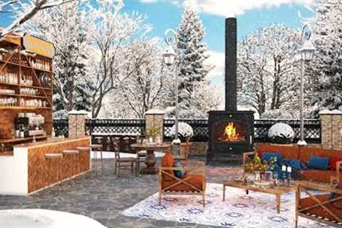 Cozy Winter Porch Coffee Shop Ambience with Relaxing Jazz Music & Fireplace