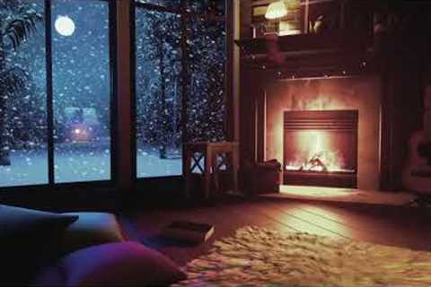 Winter Wonderland: Fireplace Crackling Amidst a Snowstorm