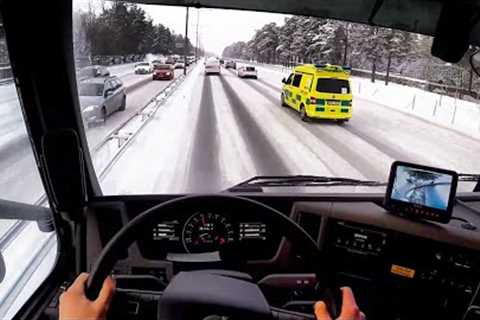 Dangerous Winter Driving Vlog - Heavy loaded, truck & trailer, full trip, Stockholm, February..