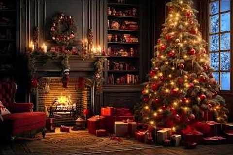 Holiday Living Room 🎄❄ Crackling Fire Christmas Tree and Snow❄🎄
