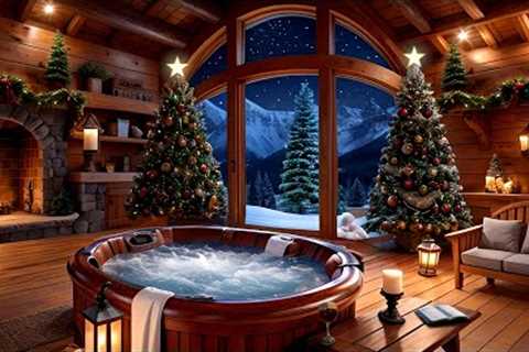 Snowy Mountain Lodge Christmas - Crackling Fireplace Ambience with Bubbling Hot Tub and Falling Snow
