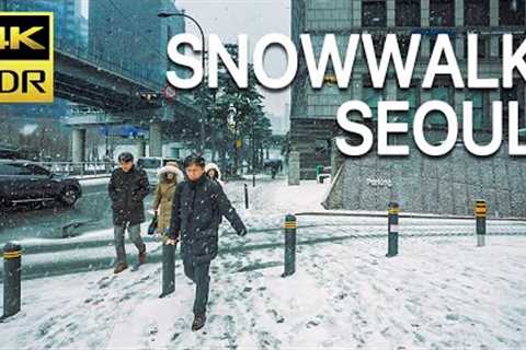 Snowfall in Downtown Walk from Seoul Station to City Hall | Ambience Sounds 4K HDR
