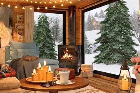 Cozy Cabin in Snowstorm Ambience with Snow Falling, Howling Wind, Relaxing Fireplace Sounds